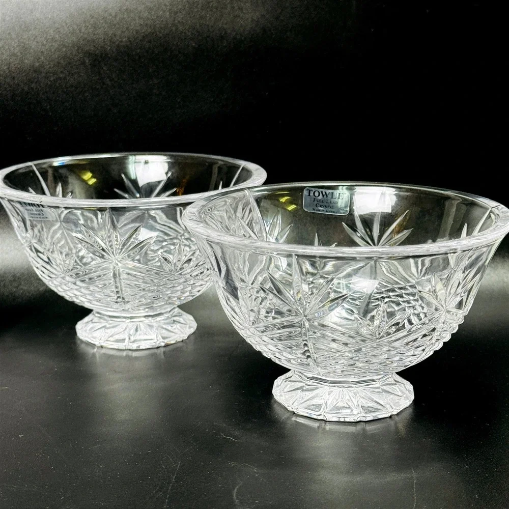 Towle Full Lead Crystal Austria Footed Dessert Bowls Set of 2 Star Fan Pattern